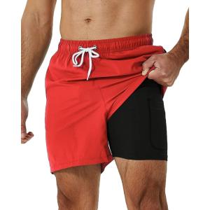 imageSILKWORLD Mens Swimming Trunks with Compression Liner 2 in 1 QuickDry Swim Shorts with Zipper PocketsOrange Red