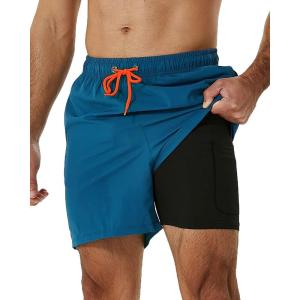 imageSILKWORLD Mens Swimming Trunks with Compression Liner 2 in 1 QuickDry Swim Shorts with Zipper PocketsPeacock Blue