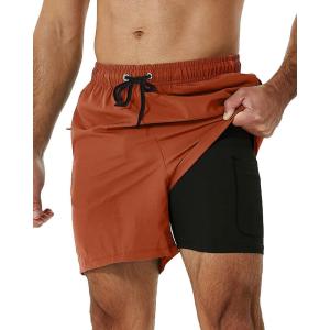 imageSILKWORLD Mens Swimming Trunks with Compression Liner 2 in 1 QuickDry Swim Shorts with Zipper PocketsRedbrown