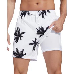 imageSILKWORLD Mens Swimming Trunks with Compression Liner 2 in 1 QuickDry Swim Shorts with Zipper PocketsWhite  Black Coconut Leaves