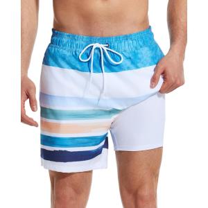 imageSILKWORLD Mens Swimming Trunks with Compression Liner 2 in 1 QuickDry Swim Shorts with Zipper PocketsWhite Yellow Blue Stripes