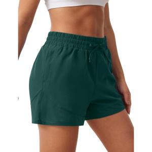 imageSILKWORLD Womens High Wasit Running Shorts 2 in 1 Athletic Shorts for Workout Gym with Zipper PocketsDark Green