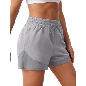 imageSILKWORLD Womens High Wasit Running Shorts 2 in 1 Athletic Shorts for Workout Gym with Zipper PocketsLight Grey