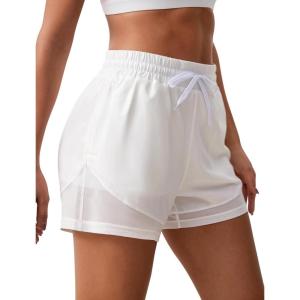 imageSILKWORLD Womens High Wasit Running Shorts 2 in 1 Athletic Shorts for Workout Gym with Zipper PocketsWhite