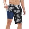 imageSILKWORLD Mens Swim Trunks with Compression Liner QuickDry 10quot Stretch Beach ShortsBlack  White Leaves