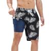 imageSILKWORLD Mens Swim Trunks with Compression Liner QuickDry 10quot Stretch Beach ShortsBlack  White Leaves