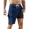 imageSILKWORLD Mens Swim Trunks with Compression Liner QuickDry 10quot Stretch Beach ShortsNavy Blue and White Thread