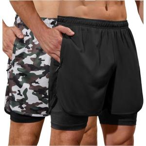 imageSILKWORLD 23 Pack Mens 2 in 1 Running Shorts Quick Dry Athletic Grym Workout Compression Shorts with Zipper PocketsBlackArmy Green Camo