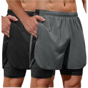 imageSILKWORLD 23 Pack Mens 2 in 1 Running Shorts Quick Dry Athletic Grym Workout Compression Shorts with Zipper PocketsBlackDark Grey