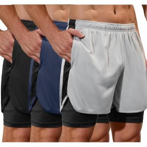 imageSILKWORLD 23 Pack Mens 2 in 1 Running Shorts Quick Dry Athletic Grym Workout Compression Shorts with Zipper PocketsBlackNavyLight Grey