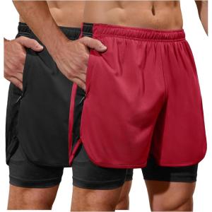imageSILKWORLD 23 Pack Mens 2 in 1 Running Shorts Quick Dry Athletic Grym Workout Compression Shorts with Zipper PocketsBlackRed