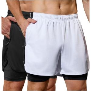 imageSILKWORLD 23 Pack Mens 2 in 1 Running Shorts Quick Dry Athletic Grym Workout Compression Shorts with Zipper PocketsBlackWhite