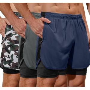 imageSILKWORLD 23 Pack Mens 2 in 1 Running Shorts Quick Dry Athletic Grym Workout Compression Shorts with Zipper PocketsNavyArmy Green CamoDark Grey