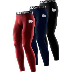 imageSILKWORLD Mens 13 Pack Compression Pants Pockets Cool Dry Gym Leggings Baselayer Running TightsA10black dark Navy dark Red3pOrd