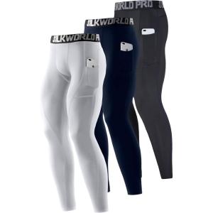 imageSILKWORLD Mens 13 Pack Compression Pants Pockets Cool Dry Gym Leggings Baselayer Running TightsA4dark Navy blackblue Double Stripe white3pOrd