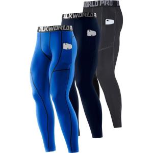 imageSILKWORLD Mens 13 Pack Compression Pants Pockets Cool Dry Gym Leggings Baselayer Running TightsA5blackwhite Double Stripe blue dark Navy3pOrd