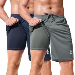 imageSILKWORLD Mens Athletic Basketball Shorts  10quot Mesh Cool Dry Gym Workout Shorts with Liner and Zipper Pockets2pcsNavypitch Gre