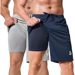 imageSILKWORLD Mens Athletic Basketball Shorts  10quot Mesh Cool Dry Gym Workout Shorts with Liner and Zipper Pockets2pcsNavysteel
