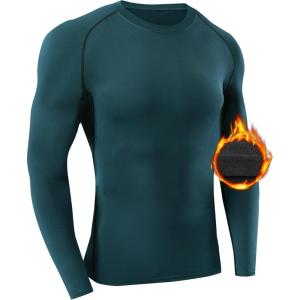 imageSILKWORLD Mens LongSleeve Compression Shirt BaseLayer Running TopB10fleece Lined1piececyan