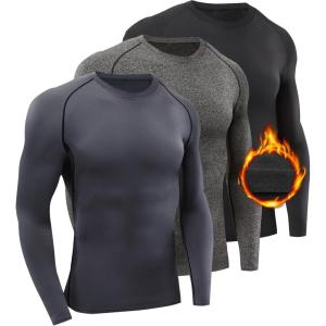 imageSILKWORLD Mens LongSleeve Compression Shirt BaseLayer Running TopB9fleece Lined3packblack hemp Grey grey