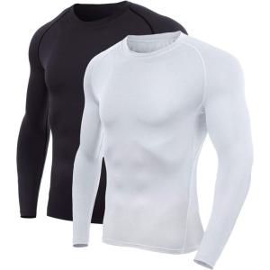imageSILKWORLD Mens LongSleeve Compression Shirt BaseLayer Running TopCrewneck2 Pack Black  White