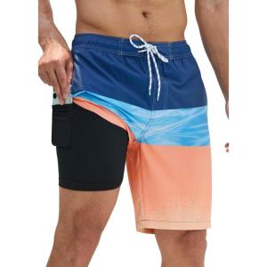 imageSILKWORLD Mens Swim Trunks with Compression Liner 9quot Beach Board Shorts Men 2 in 1 Quick Dry Bathing Suit with Pockets9 Inchorange