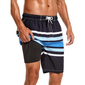 imageSILKWORLD Mens Swim Trunks with Compression Liner 9quot Beach Board Shorts Men 2 in 1 Quick Dry Bathing Suit with Pockets9inchblack Blue