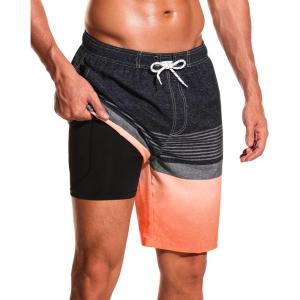 imageSILKWORLD Mens Swim Trunks with Compression Liner 9quot Beach Board Shorts Men 2 in 1 Quick Dry Bathing Suit with Pockets9inchblackorange