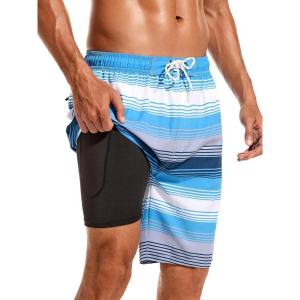 imageSILKWORLD Mens Swim Trunks with Compression Liner 9quot Beach Board Shorts Men 2 in 1 Quick Dry Bathing Suit with Pockets9inchblue White