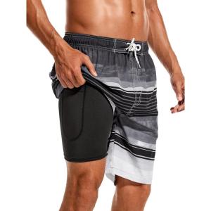 imageSILKWORLD Mens Swim Trunks with Compression Liner 9quot Beach Board Shorts Men 2 in 1 Quick Dry Bathing Suit with Pockets9inchgrey White