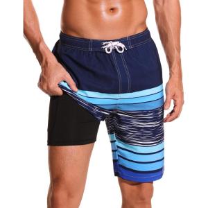 imageSILKWORLD Mens Swim Trunks with Compression Liner 9quot Beach Board Shorts Men 2 in 1 Quick Dry Bathing Suit with Pockets9inchnavyblue