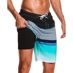 imageSILKWORLD Mens Swim Trunks with Compression Liner 9quot Beach Board Shorts Men 2 in 1 Quick Dry Bathing Suit with PocketsBlackblue