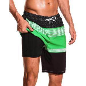 imageSILKWORLD Mens Swim Trunks with Compression Liner 9quot Beach Board Shorts Men 2 in 1 Quick Dry Bathing Suit with PocketsBlackgreenwhite