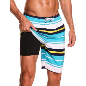 imageSILKWORLD Mens Swim Trunks with Compression Liner 9quot Beach Board Shorts Men 2 in 1 Quick Dry Bathing Suit with PocketsBluewhiteyellow