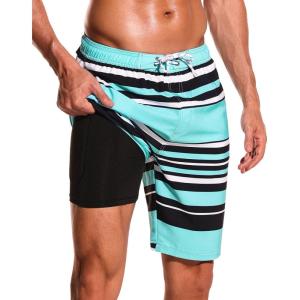 imageSILKWORLD Mens Swim Trunks with Compression Liner 9quot Beach Board Shorts Men 2 in 1 Quick Dry Bathing Suit with PocketsSky Bluenavywhite