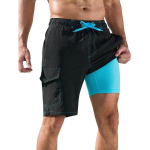 imageSILKWORLD Mens Swim Trunks with Compression Liner QuickDry 10quot Stretch Beach ShortsBlack  Blue