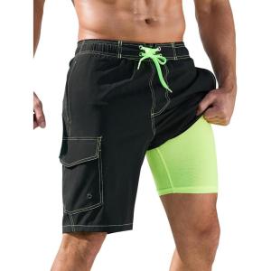 imageSILKWORLD Mens Swim Trunks with Compression Liner QuickDry 10quot Stretch Beach ShortsBlack  Green