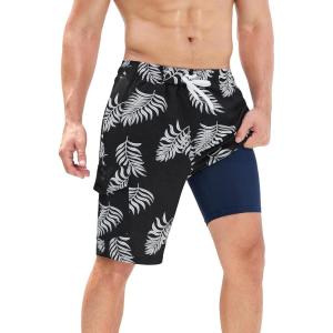 imageSILKWORLD Mens Swim Trunks with Compression Liner QuickDry 10quot Stretch Beach ShortsBlack  White Leaves