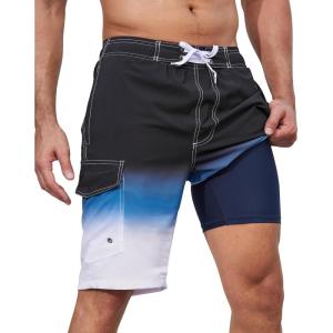 imageSILKWORLD Mens Swim Trunks with Compression Liner QuickDry 10quot Stretch Beach ShortsBlack Blue White Gradient