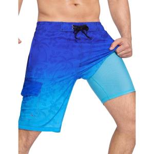 imageSILKWORLD Mens Swim Trunks with Compression Liner QuickDry 10quot Stretch Beach ShortsBlue Floral Gradient