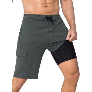 imageSILKWORLD Mens Swim Trunks with Compression Liner QuickDry 10quot Stretch Beach ShortsCharcoal Grey