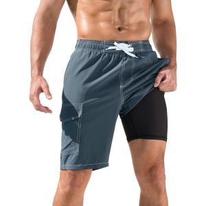 imageSILKWORLD Mens Swim Trunks with Compression Liner QuickDry 10quot Stretch Beach ShortsDark Gray  White