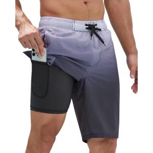 imageSILKWORLD Mens Swim Trunks with Compression Liner QuickDry 10quot Stretch Beach ShortsGray Black Gradient