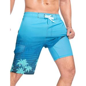 imageSILKWORLD Mens Swim Trunks with Compression Liner QuickDry 10quot Stretch Beach ShortsLake Blue Gradient
