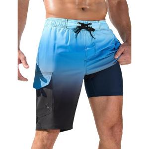 imageSILKWORLD Mens Swim Trunks with Compression Liner QuickDry 10quot Stretch Beach ShortsLight Blue Gradient