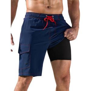 imageSILKWORLD Mens Swim Trunks with Compression Liner QuickDry 10quot Stretch Beach ShortsNavy Blue