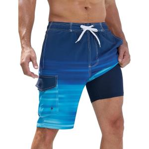 imageSILKWORLD Mens Swim Trunks with Compression Liner QuickDry 10quot Stretch Beach ShortsNavy Blue Gradient