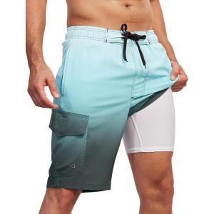 imageSILKWORLD Mens Swim Trunks with Compression Liner QuickDry 10quot Stretch Beach ShortsSky Blue Black Gradient