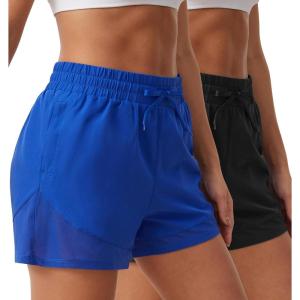 imageSILKWORLD Womens 2 in 1 Athletic Shorts with Zipper Pockets High Waist Workout Shorts for Gym Running2pack Blackblue