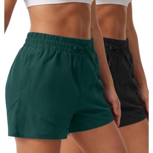 imageSILKWORLD Womens 2 in 1 Athletic Shorts with Zipper Pockets High Waist Workout Shorts for Gym Running2pack Blackdark Green
